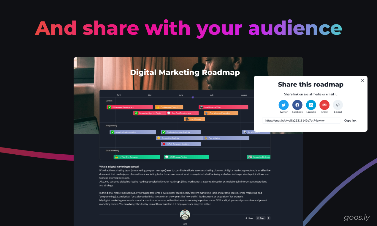Embed or share your Goosly public roadmap with your audience for instant feedback